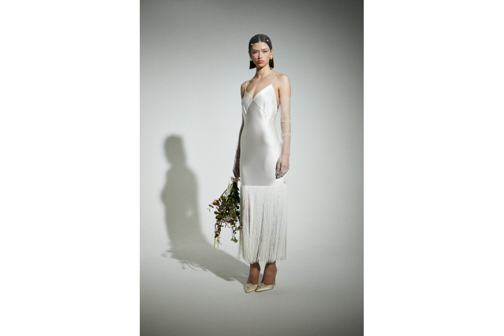 Olivia von Halle  Zoya Ivory Fringed Silk Satin Slip Dress