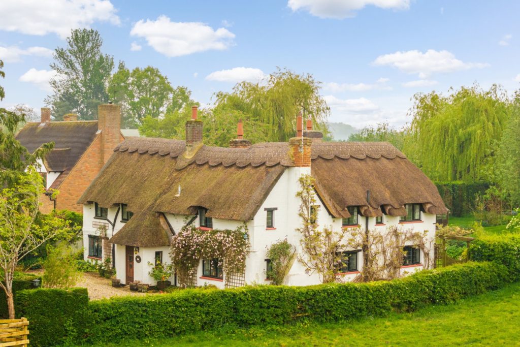 Thatched cottage with box hedges surrounding it.