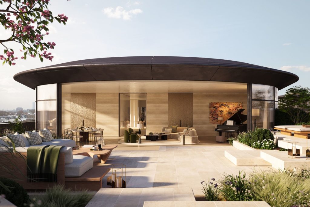 Penthouse exterior with circular living room and large outdoor terrace