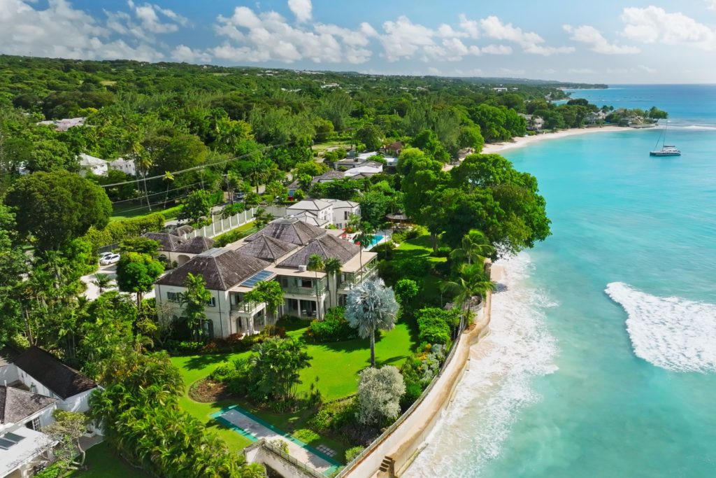 Aerial view of beachfront Barbados home