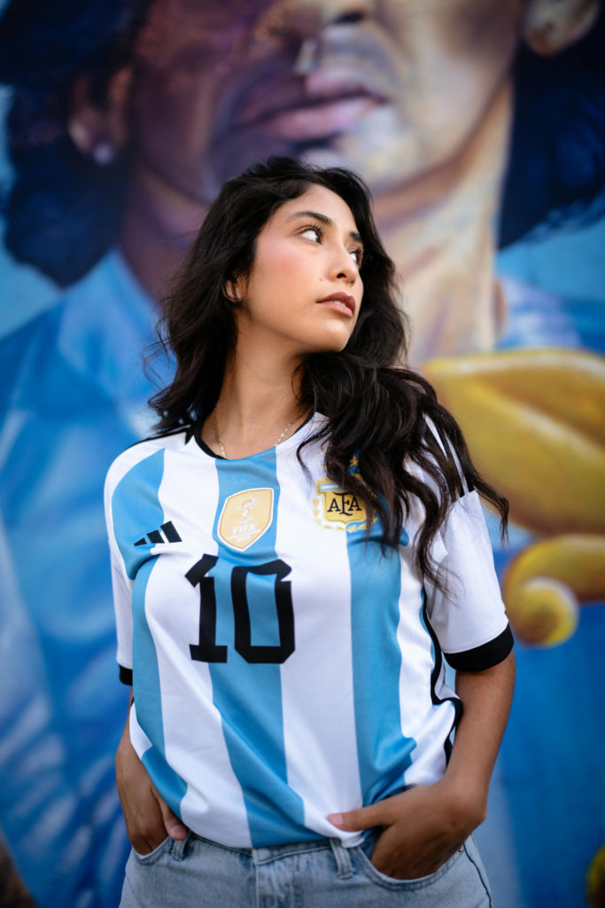 Woman in football shirt