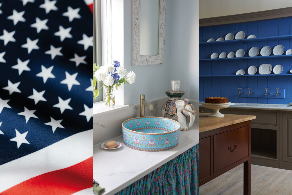 A US flag, a sink, and a kitchen