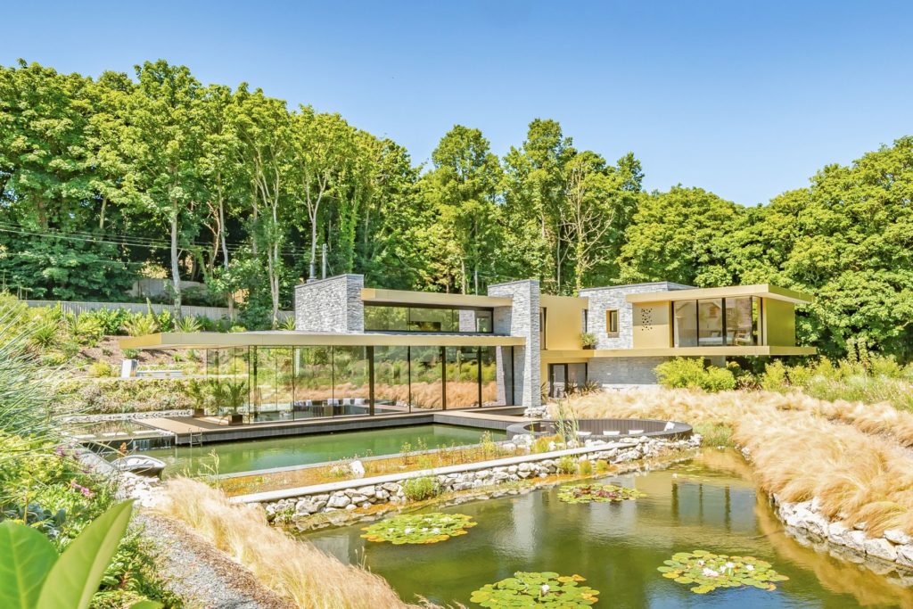 Modern villa with pond and floor-to-ceiling windows.