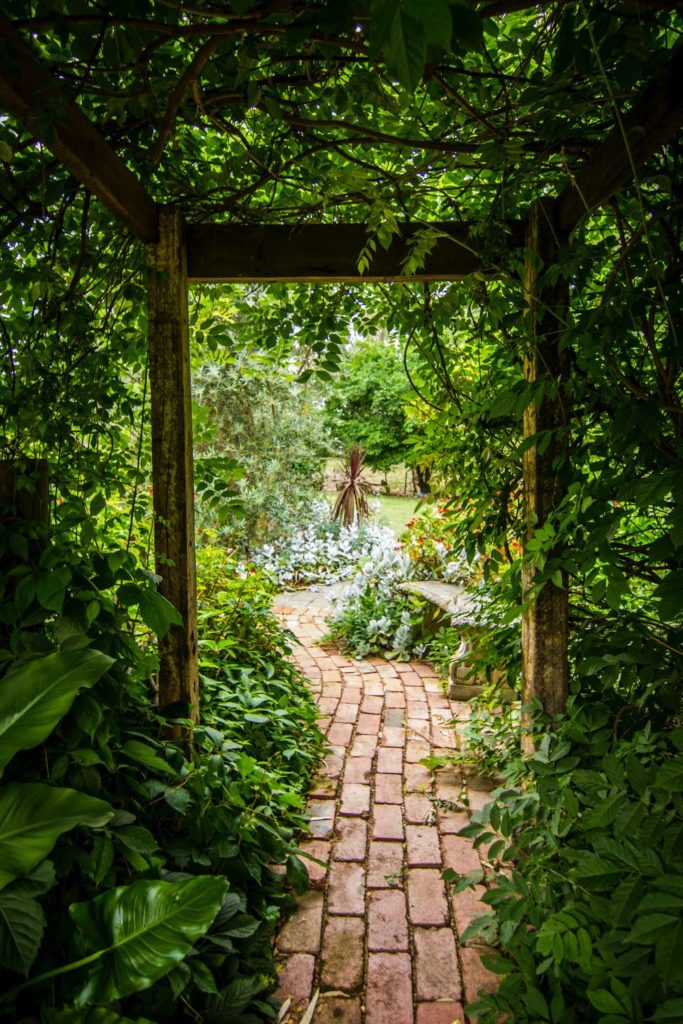 Garden with brick path and wooden pergola