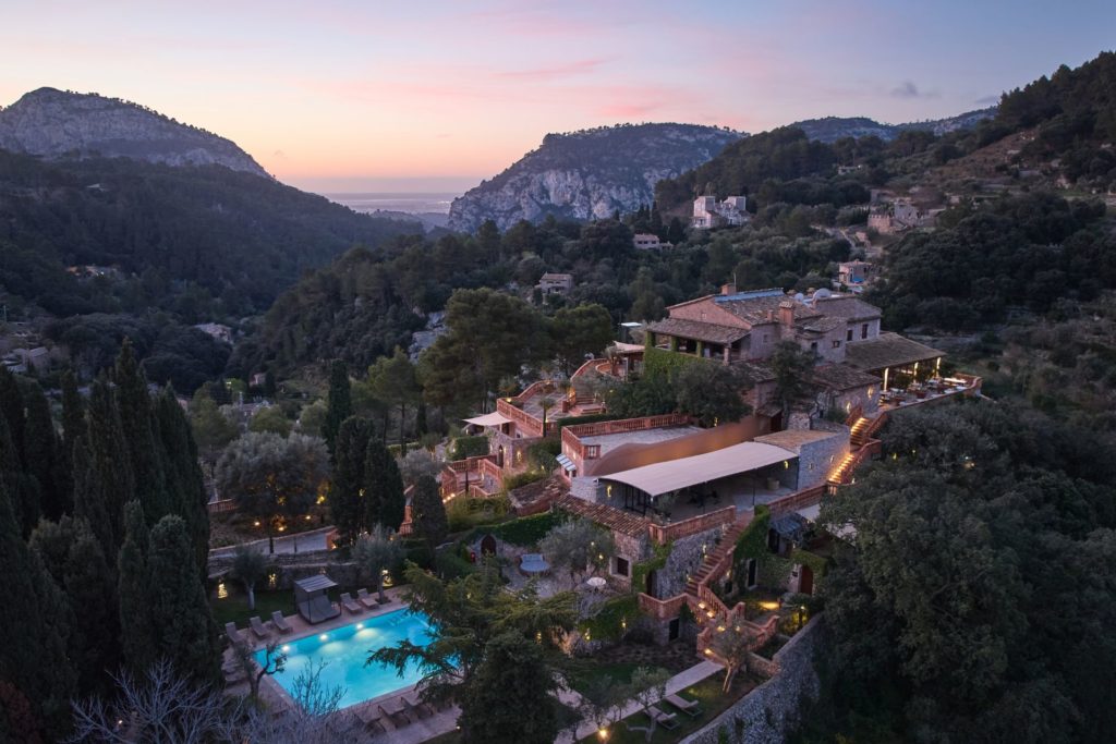 Aerial view of Valdemossa Hotel, on a hillside in Mallorca.