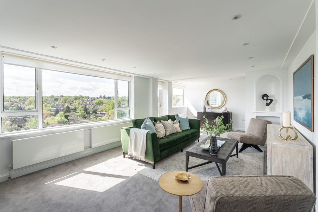 Penthouse living room with views over Wimbledon