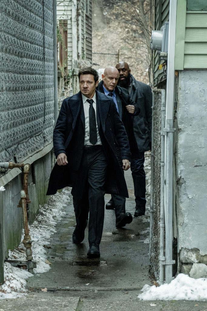 L-R: Jeremy Renner as Mike McLusky, Hugh Dillon as Ian and Derek Webster as Stevie in episode 1, season 3 of Mayor of Kingstown