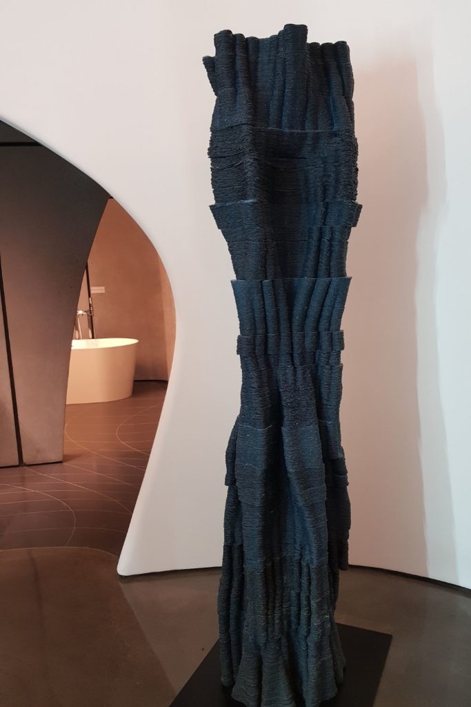 Blue tree sculpture in the Roca gallery