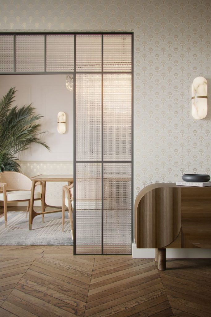 Living room with curved wooden cabinet, marble wall light, gold art deco wallpaper and gold Crittall-style doors