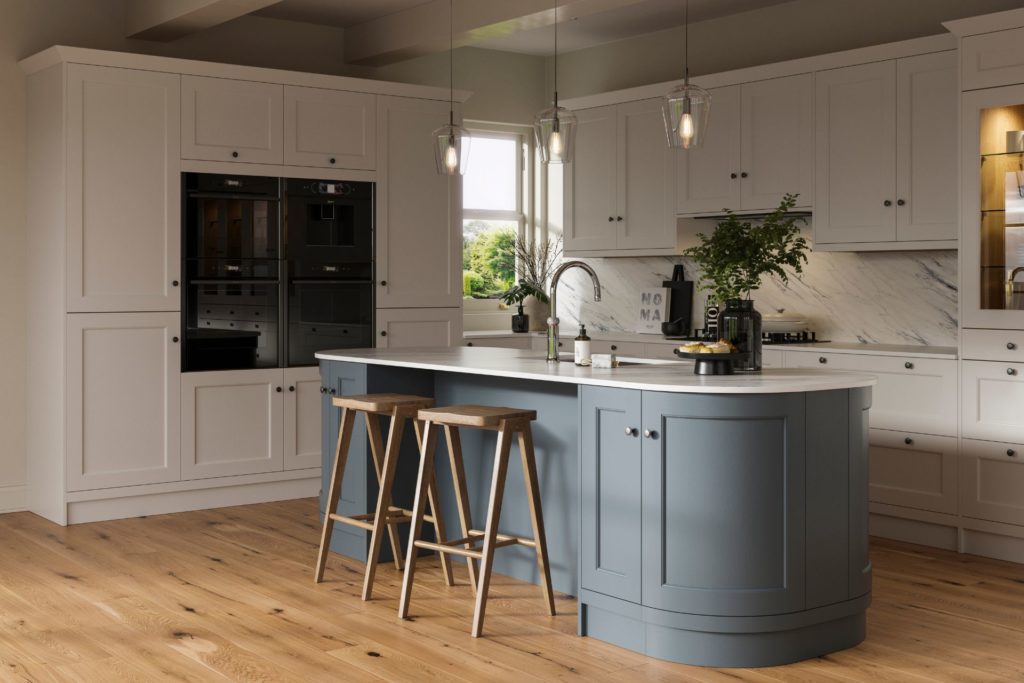 Shaker kitchen with curved blue island and white cabinets