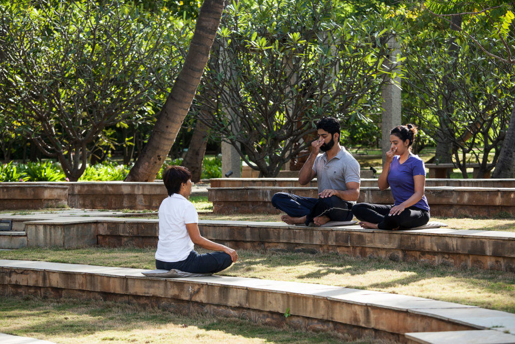 pranayama with guests at Shreyas Retreat