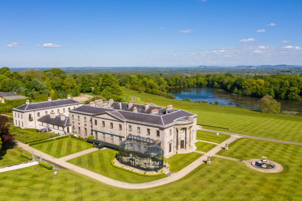 Aerial view of Irish country house with landscaped grounds