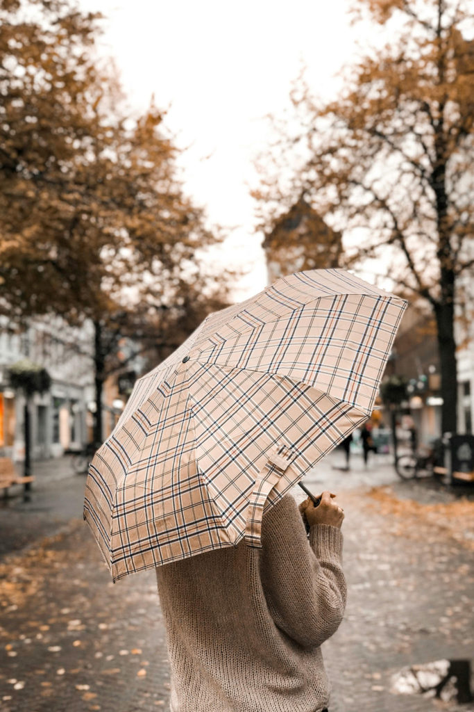 A person standing with an umbrella against an autumnal scene