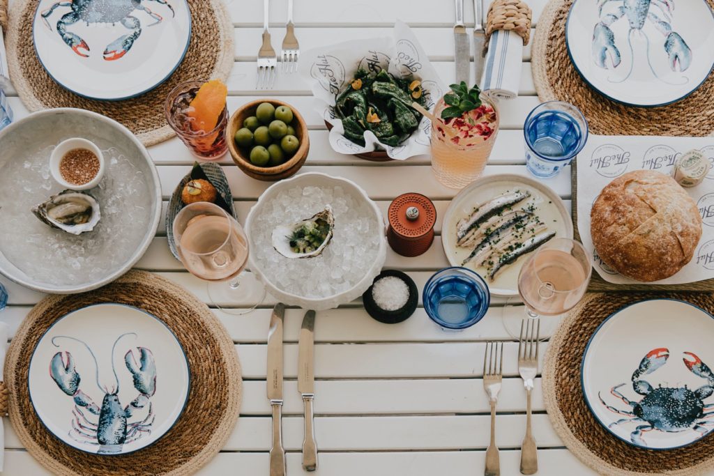 Aerial shot of eafood spread on wooden table