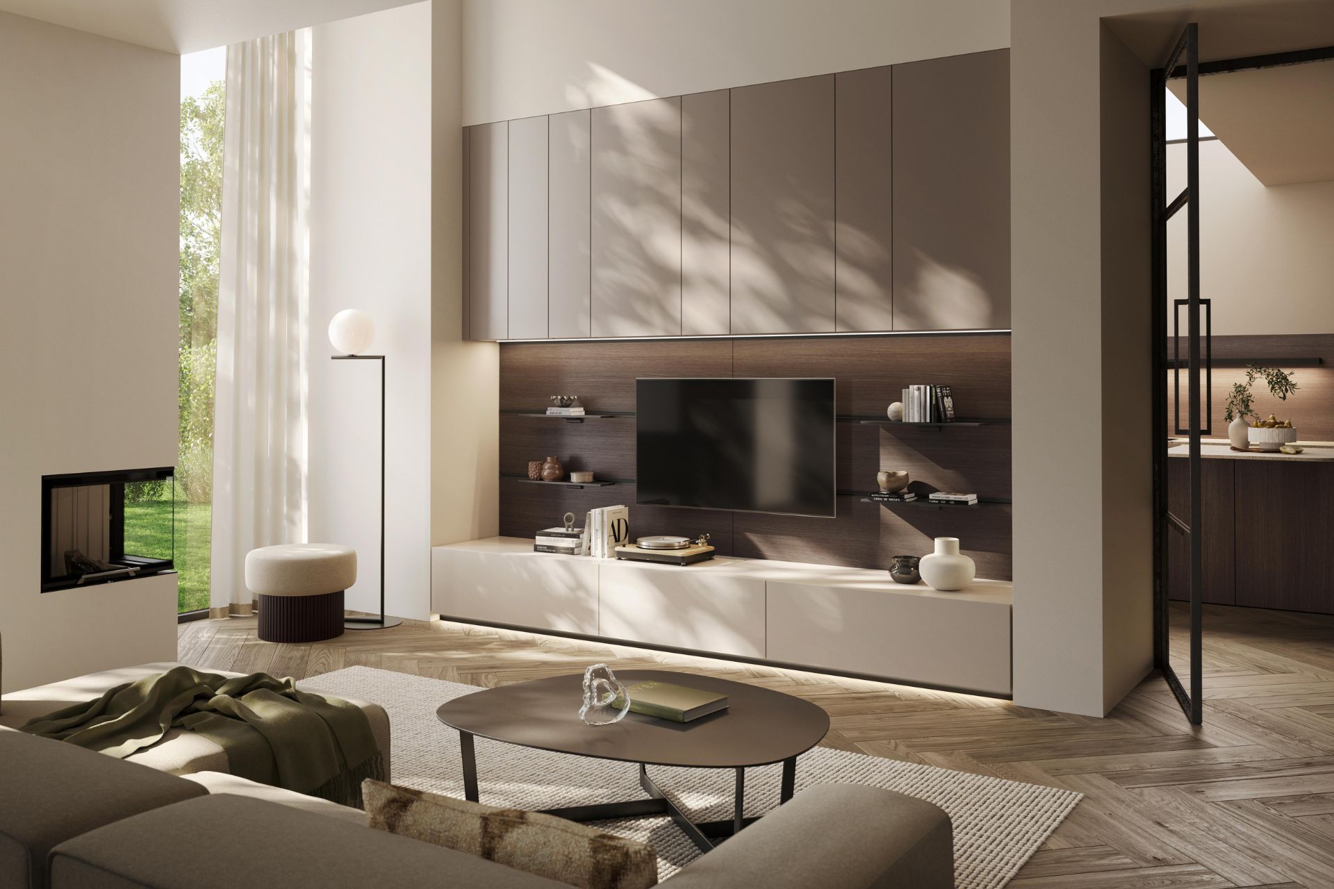 Modern living room with taupe cabinets and a dark grey sofa